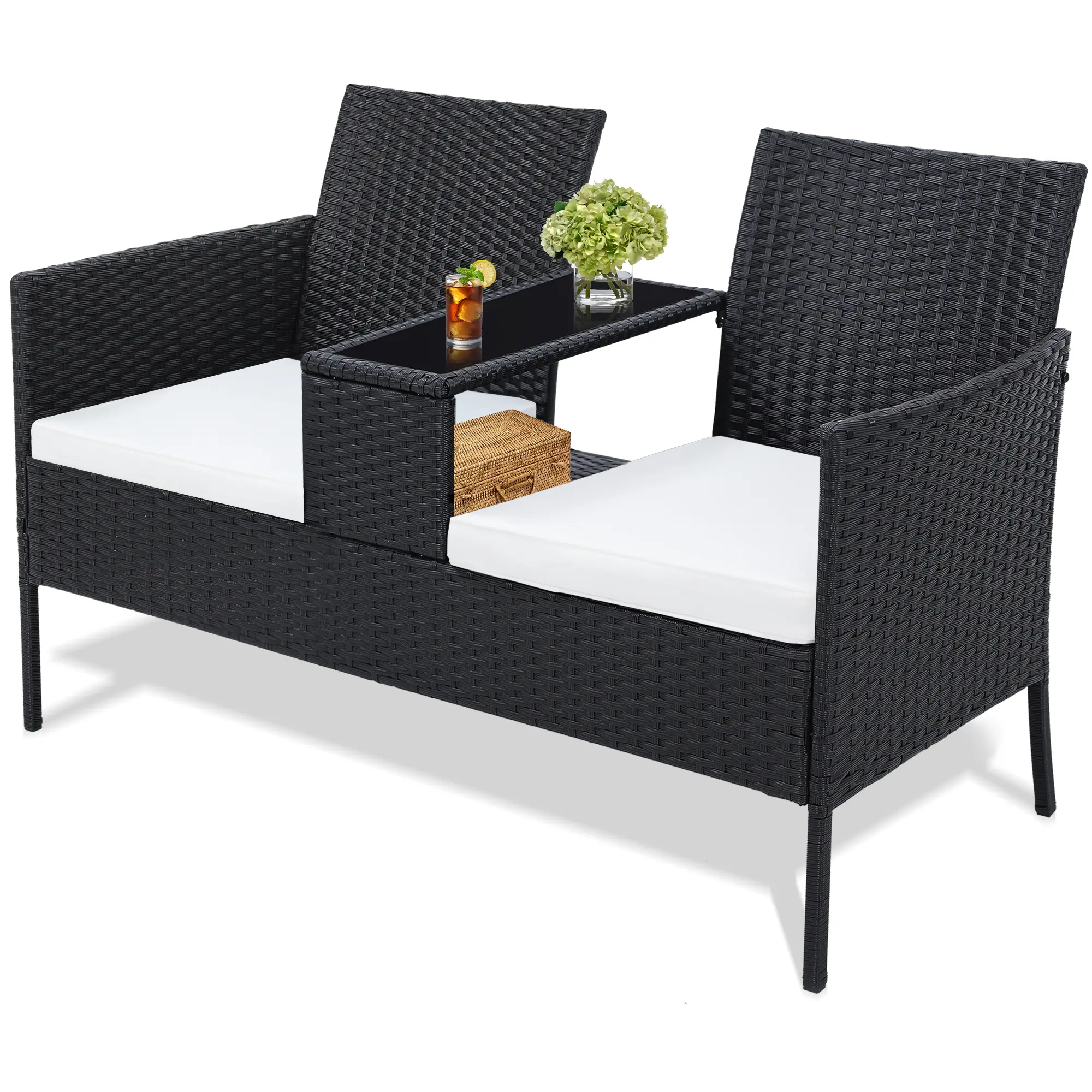 FDW - Juego de 4 Piezas de Muebles de Patio de Mimbre con Silla de ratán, Mesa de Centro para Exteriores, Interiores, jardín, Patio, Porche, terraza, balcón, Cojines de Mimbre Gris/Caqui