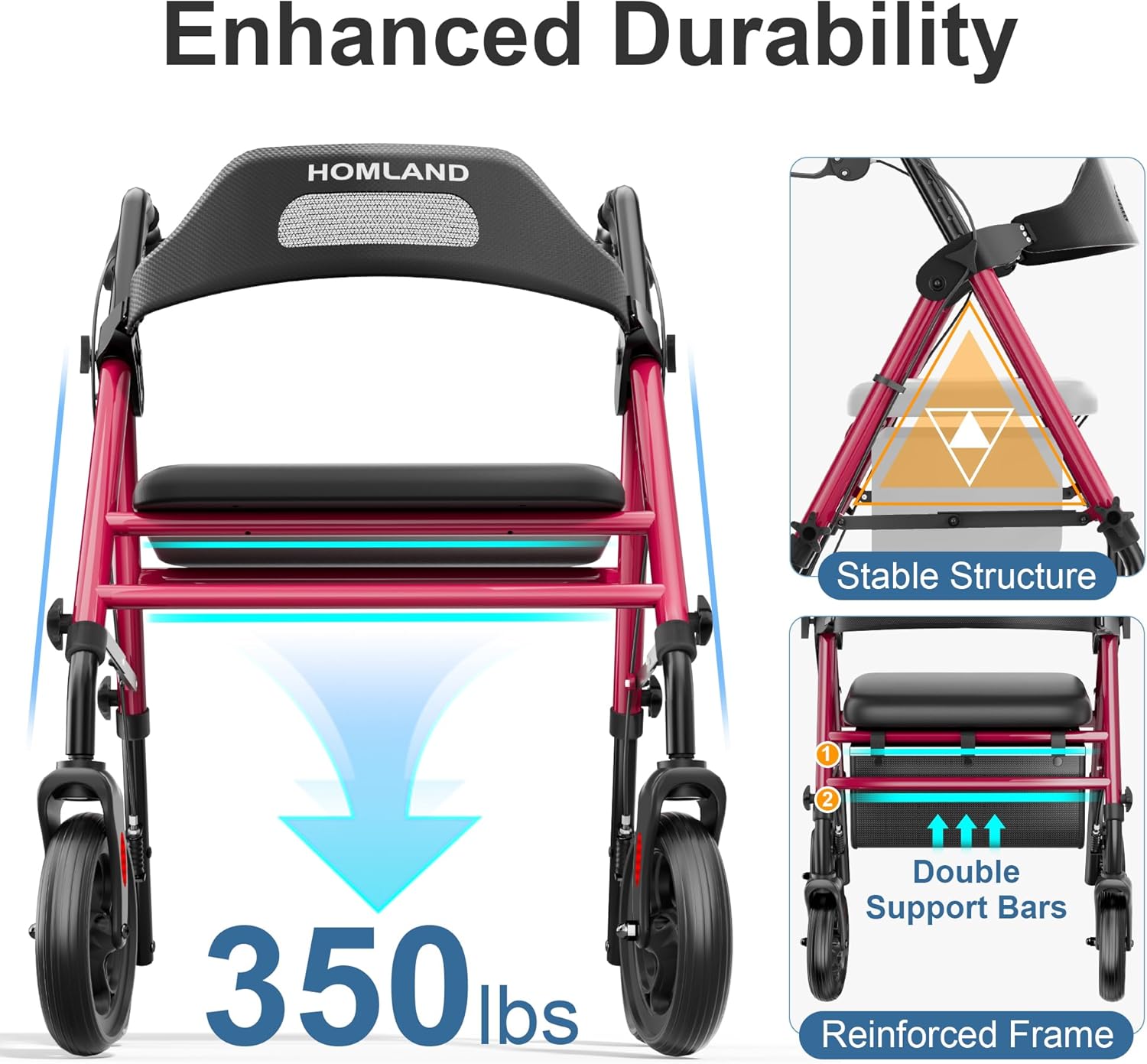 HOMLAND - Caminadores plegables con asiento para personas mayores, ruedas grandes de 8 pulgadas, 350 libras. Capacidad de peso, asas ajustables y altura del asiento, ligero caminante, color azul