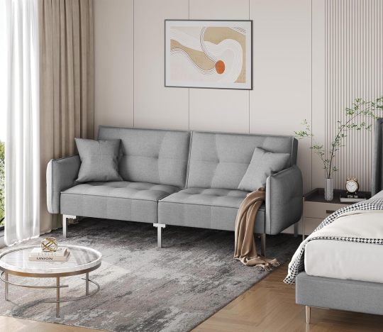 Yaheetech Sofá cama convertible moderno futón sofás, cama plegable y abajo, tela de lino reclinable para sala de estar, color gris-almohada