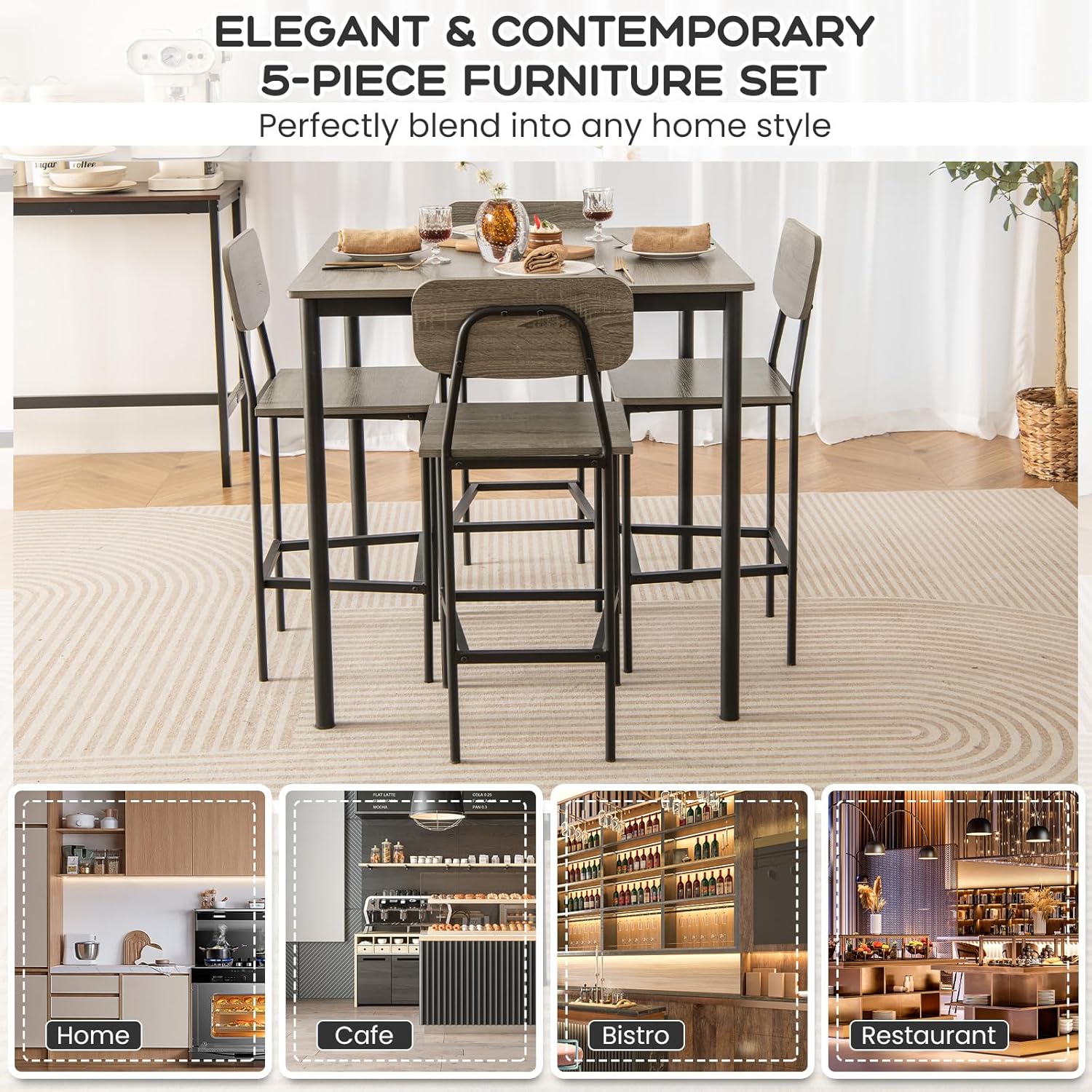 Juego de mesa de comedor de 5 piezas con mesa de altura y 4 taburetes de bar, juego de comedor industrial de cocina con reposapiés y respaldo, juego de comedor que ahorra espacio para pub,