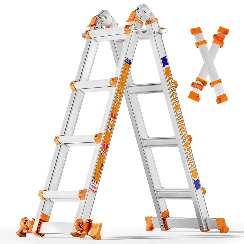 Escalera extensible multiposición, escalera de tijera tipo A con barra estabilizadora y ruedas; capacidad de carga segura de 330 lb; segura para escaleras, el hogar, interiores, exteriores y trabajos en techos.