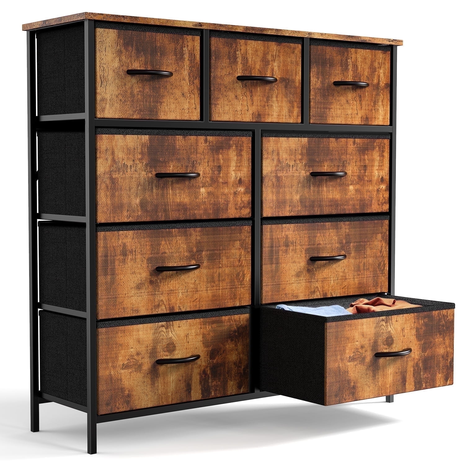 Yanming Cómoda de Tela con 9 cajones, Estructura de Acero y Tapa de Madera para Dormitorio, Armario, Entrada
