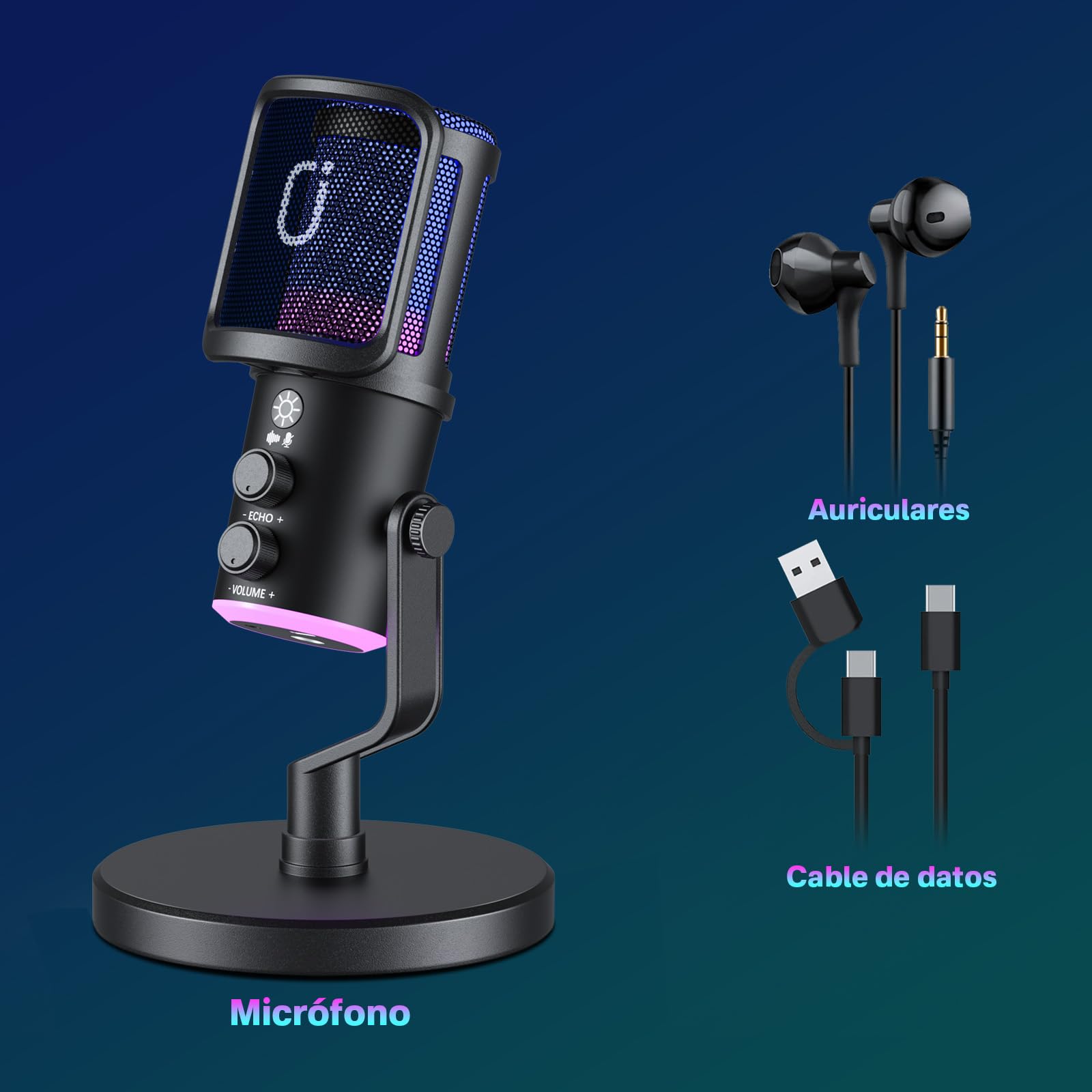 【Audífonos gratis】Micrófono JYX U-120 RGB para Gaming y Streaming con Auriculares – Cancelación de Ruido, Sonido Premium, USB/Tipo-C, Diseño Ergonómico y Funcional