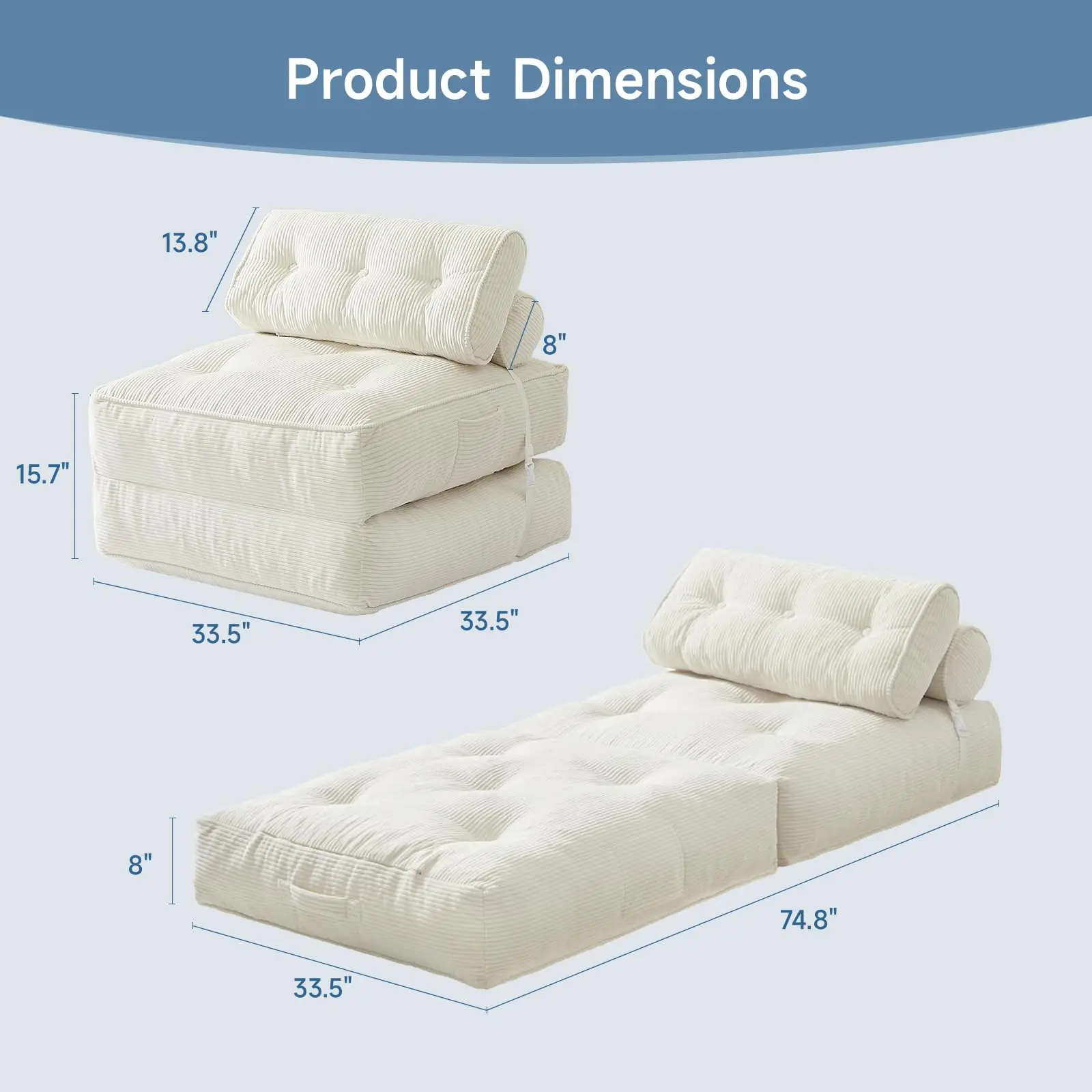 Sofá cama plegable con almohada, sillón convertible con respaldo de apoyo, silla cama plegable portátil de pana, cómodo sofá lounge de suelo para sala de estar — Individual