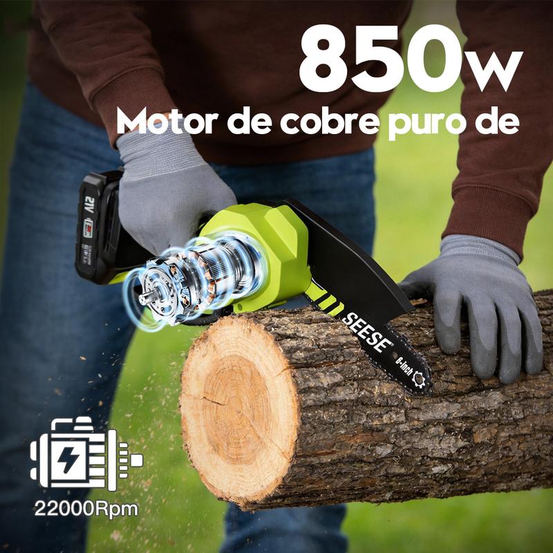 SEESE Mini motosierra inalámbrica 6”, motor sin escobillas, con 2 baterías de 2000 mAh – Ideal para poda, jardinería y corte de madera