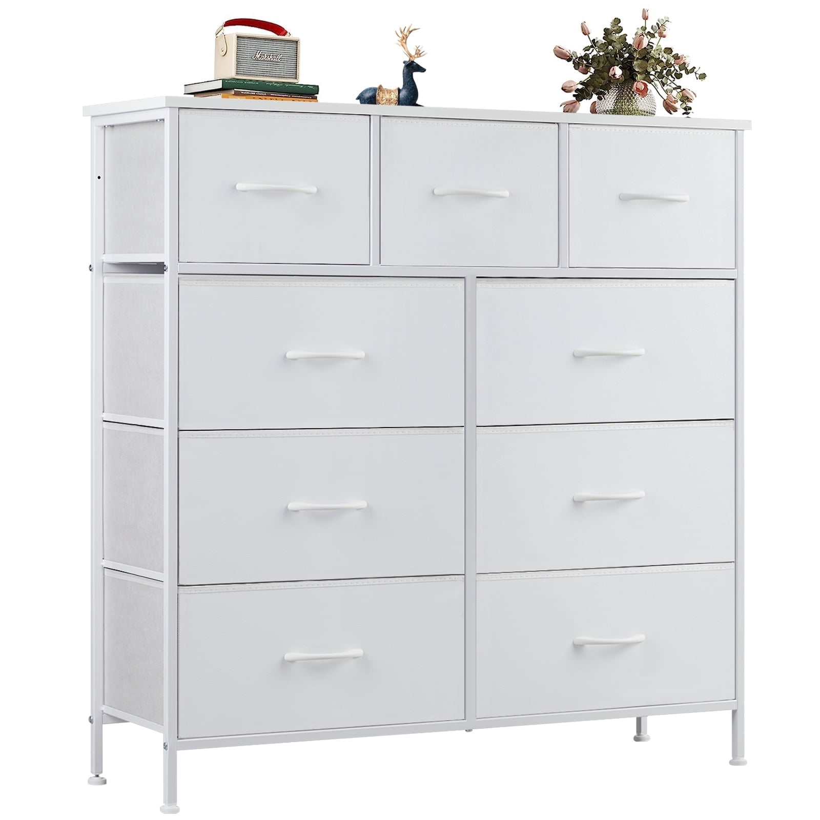 Yanming Cómoda de Tela con 9 cajones, Estructura de Acero y Tapa de Madera para Dormitorio, Armario, Entrada