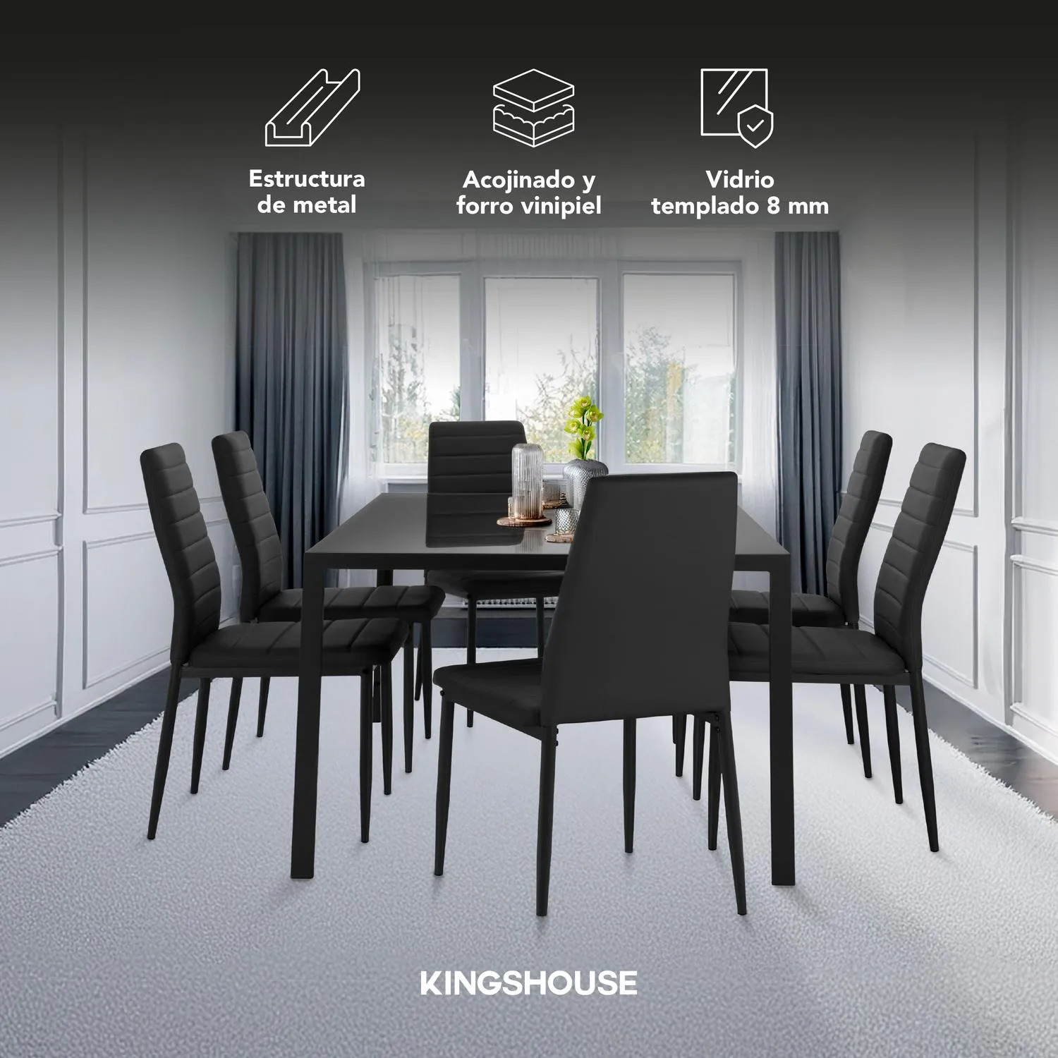 Juego De Comedor 6 Sillas Y Mesa De Vidrio Templado Moderno