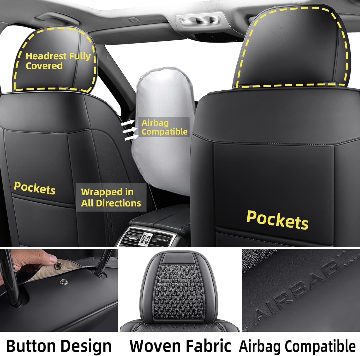 hikeaglauto Juego completo de fundas de asiento de coche, de piel sintética para autos, SUV, súper transpirables, universales, para la mayoría de los sedanes (juego completo, negro)