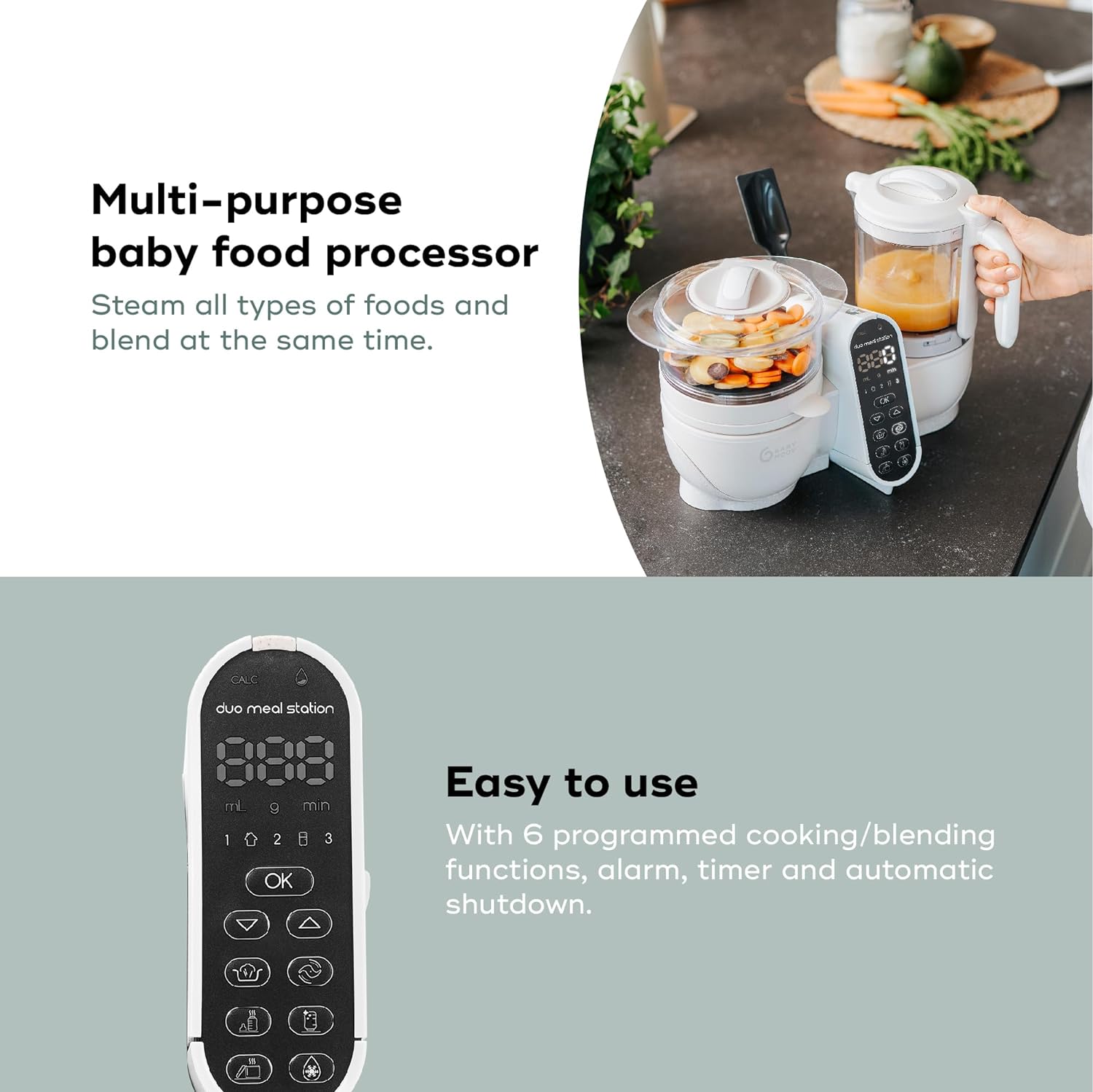 Babymoov Duo Meal 6 en 1: Procesador de Alimentos para Bebés con Vaporizador y Licuadora de Velocidades Múltiples, Calienta y Descongela (Aprobado por Nutricionistas), Gris