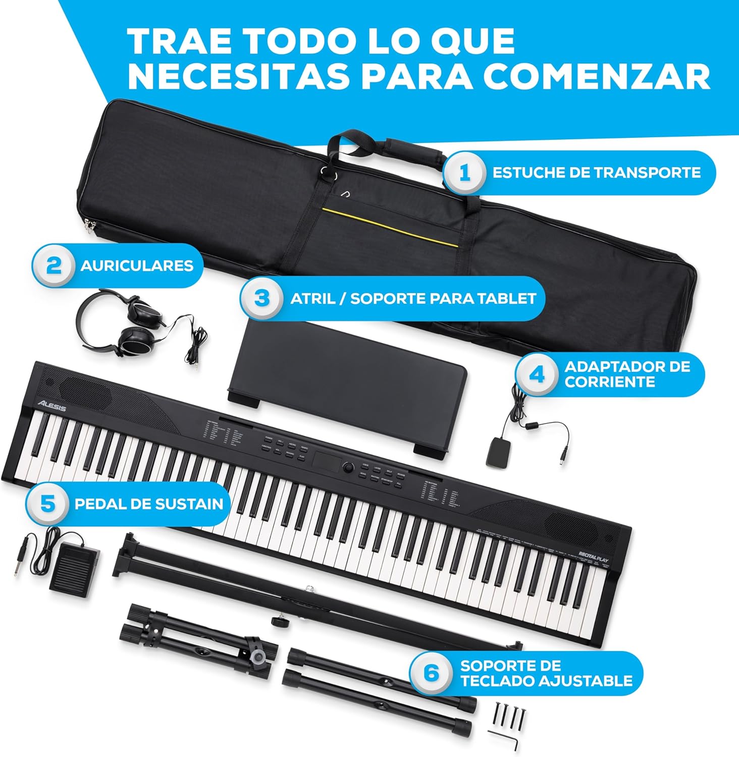 Alesis Melody 61 - Piano eléctrico con 61 teclas, Teclado Musical con altavoces, audífonos, micrófono, soporte para piano, atril y taburete
