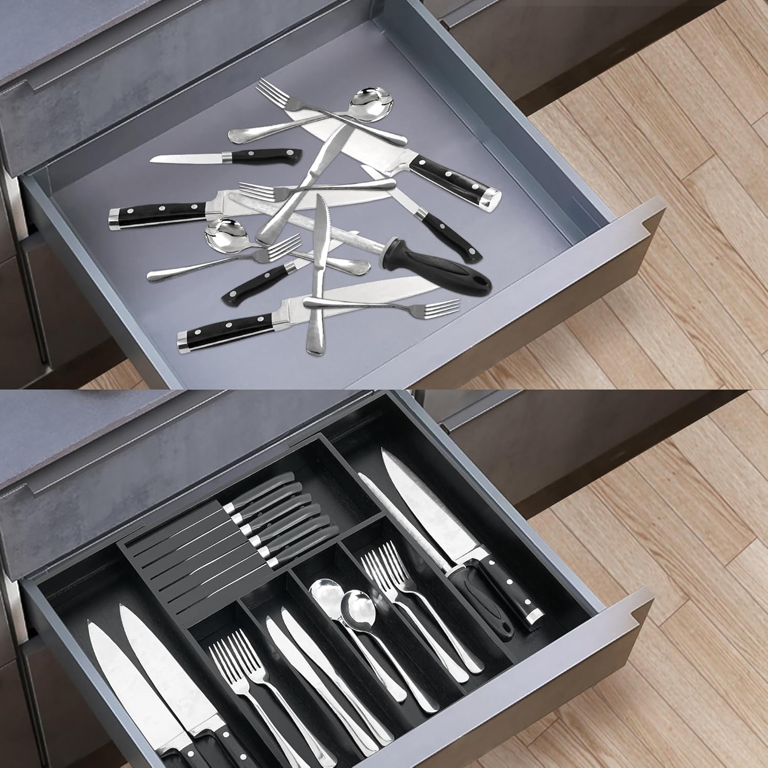 VaeFae Cocina, soporte para utensilios extensibles y bandeja de cubiertos con Divider de 13" -21,6 "de superficie plana y bloque de cuchildesmontable (negro)