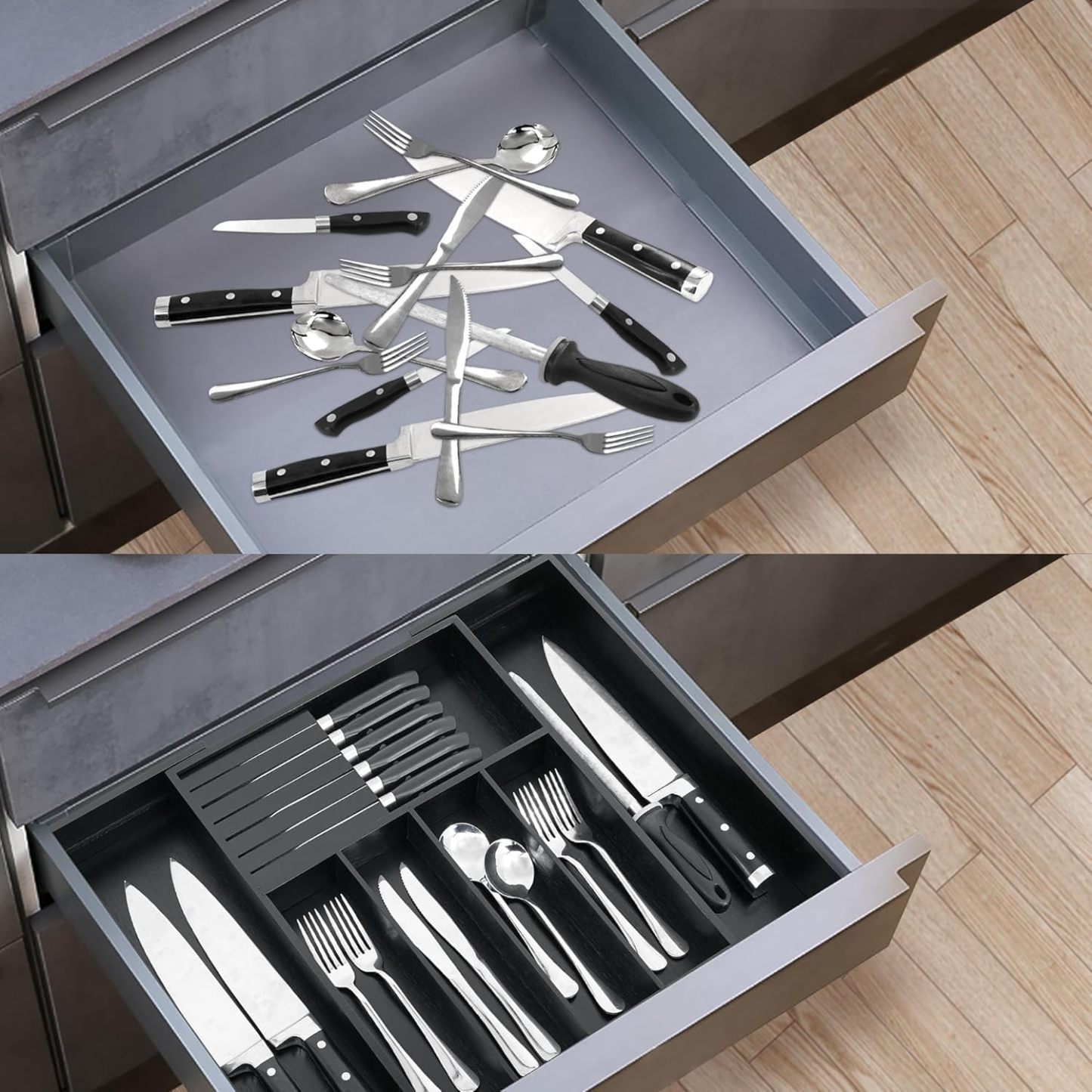 VaeFae Cocina, soporte para utensilios extensibles y bandeja de cubiertos con Divider de 13" -21,6 "de superficie plana y bloque de cuchildesmontable (negro)