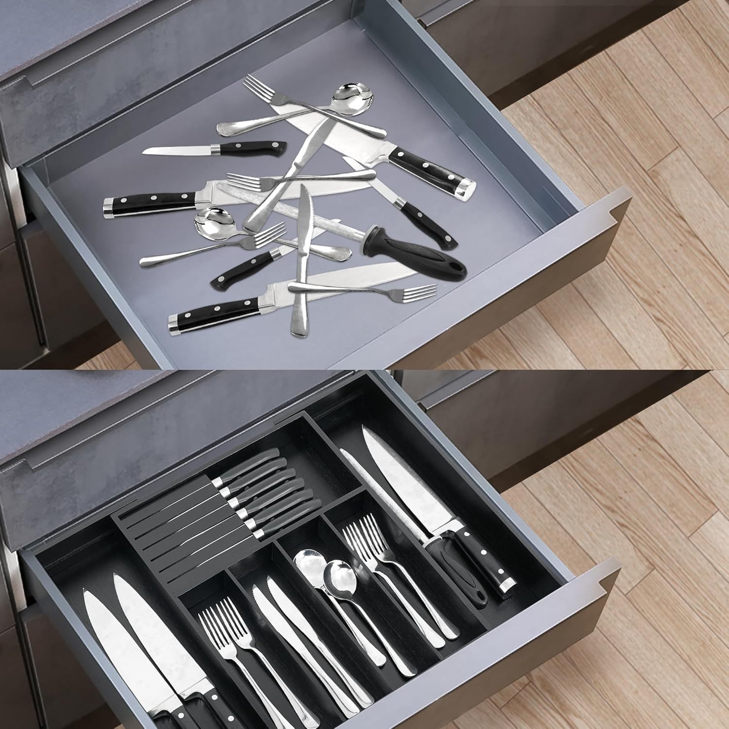 VaeFae Cocina, soporte para utensilios extensibles y bandeja de cubiertos con Divider de 13" -21,6 "de superficie plana y bloque de cuchildesmontable (negro)