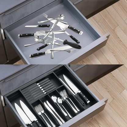 VaeFae Cocina, soporte para utensilios extensibles y bandeja de cubiertos con Divider de 13" -21,6 "de superficie plana y bloque de cuchildesmontable (negro)