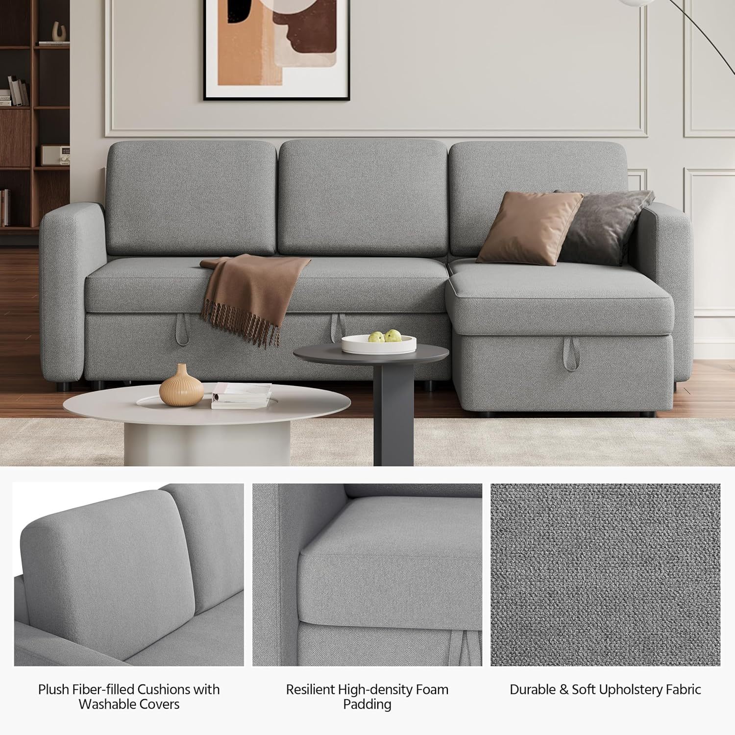 Yaheetech Sofá seccional en forma de L, sofá cama con chaise, sofá cama reversible con cama extraíble y espacio de almacenamiento, sofá convertible de tela de 4 asientos, adecuado para sala de estar, gris claro