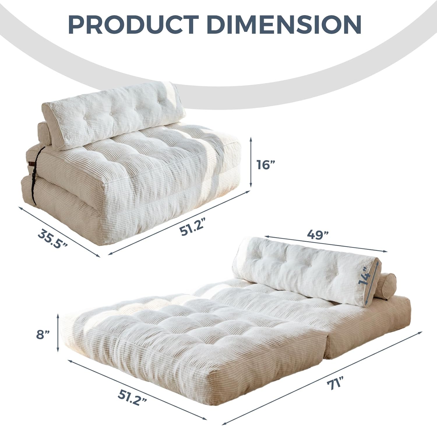 MAXYOYO Sofá Cama Plegable, Silla Convertible para Dormir con Almohada, Colchón Plegable con Soporte para la Espalda, Silla Cama Plegable Portátil Cómoda, Sofá de Piso para Sala de Estar, Recámara