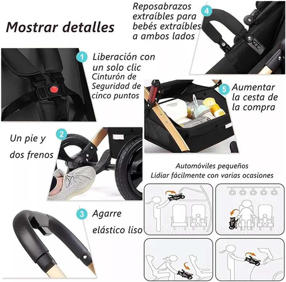 FINYQBET Carrito De Bebé Plegable Universal Para Cuatro Estaciones Sillas De Paseo para Bebés De Alta Vista para Bebés Recién Nacidos, Implementación Bidireccional Multifuncional Y Segura Caqui