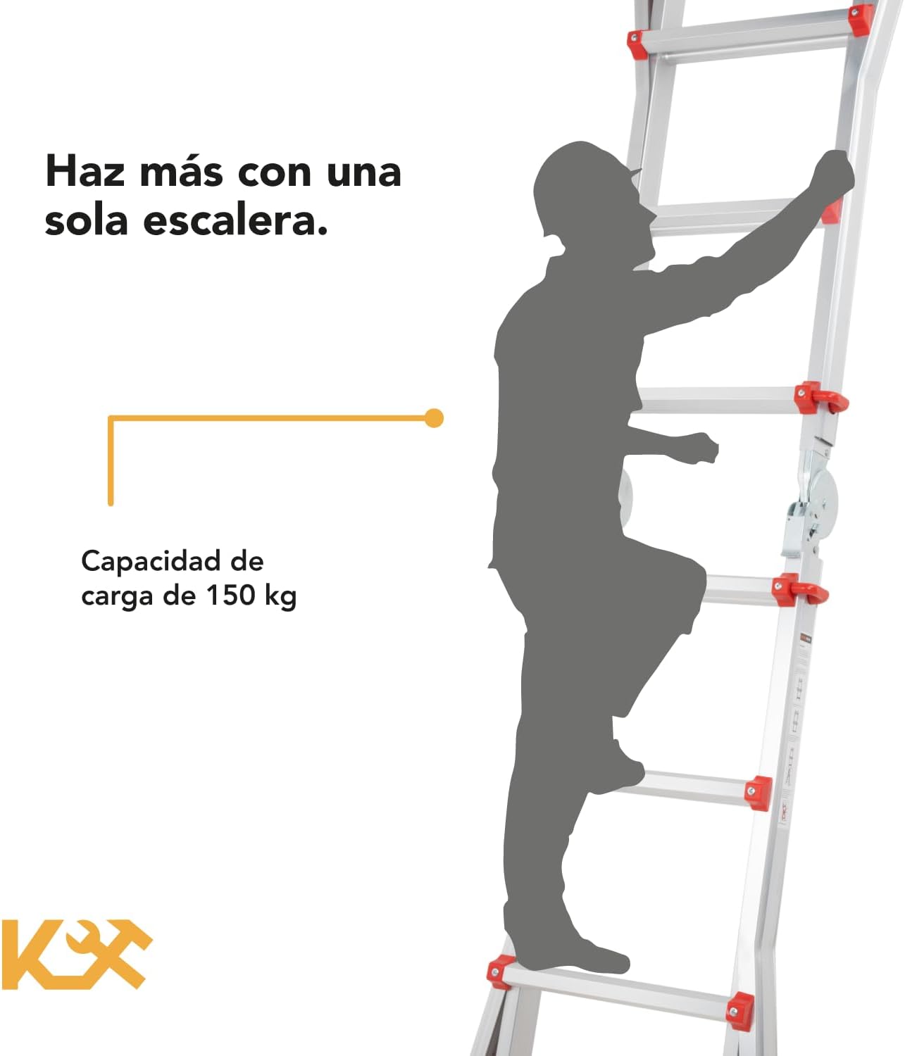 Kingsman | Escalera Multiposiciones 12 Peldaños con Charolas – Soporta hasta 150 kg – Escalera de Aluminio 3.5 MTS – Plegable – Escalera Multipropósito – Tipo Tijera – Andamio – Escalera Recta