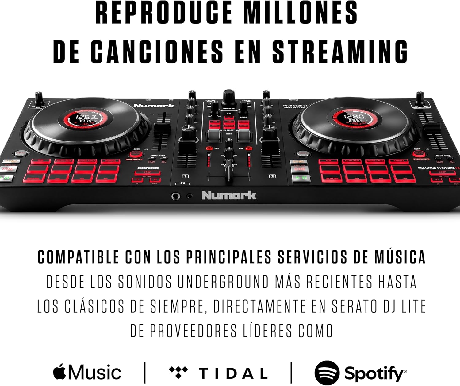 Numark Mixtrack Platinum FX Controlador DJ Para Serato DJ Con Control de 4 Secciones, Mezclador DJ, Interfaz de Audio Incorporada, Pantallas en Las Ruedas de Selección y Paletas de Efectos