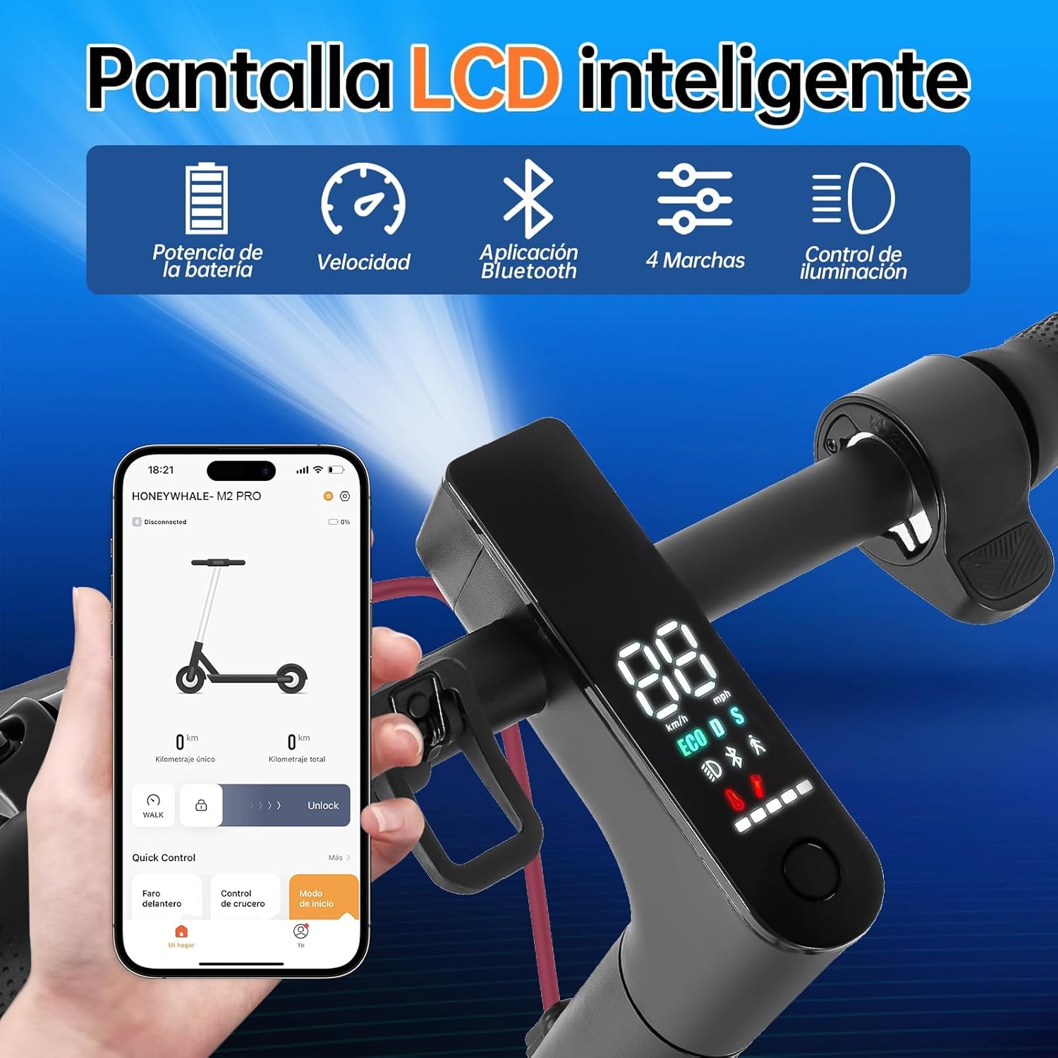 HONEYWHALE M2 Pro Scooter Eléctrico Plegable para Adultos, Motor de 500 W de Potencia Máxima, 22km con una Carga Completa, Velocidad Máxima 32km/h, Patin Eléctrico con App Control Bluetooth