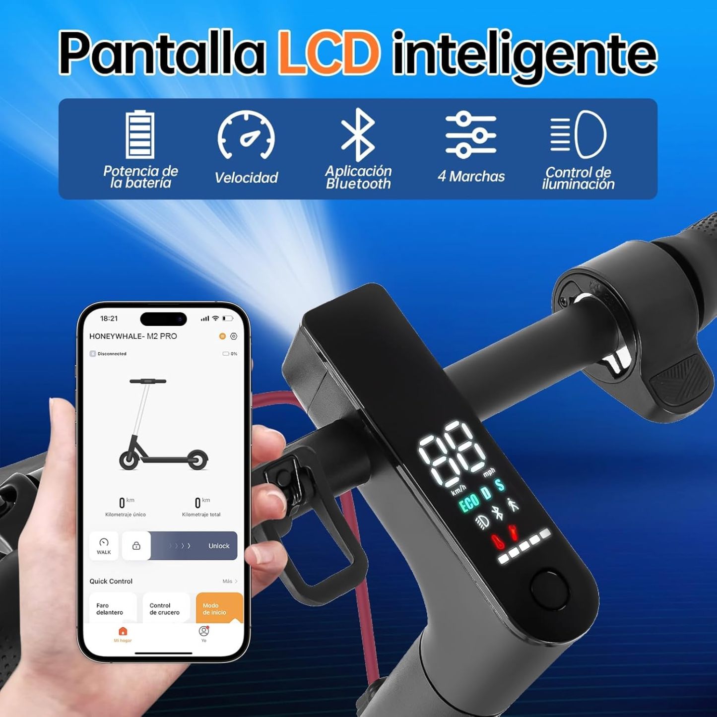 HONEYWHALE M2 Pro Scooter Eléctrico Plegable para Adultos, Motor de 500 W de Potencia Máxima, 22km con una Carga Completa, Velocidad Máxima 32km/h, Patin Eléctrico con App Control Bluetooth