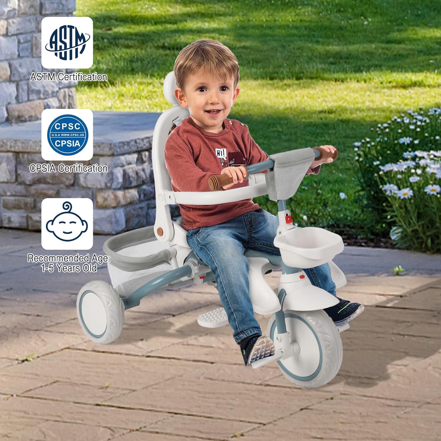 Babevy - Triciclo para bebé, 7 en 1, Plegable con Mango de Empuje Ajustable extraíble, toldo, Asiento Giratorio, arnés de Seguridad, portavasos y Almacenamiento, Triciclo para niños de 1 a 5 años