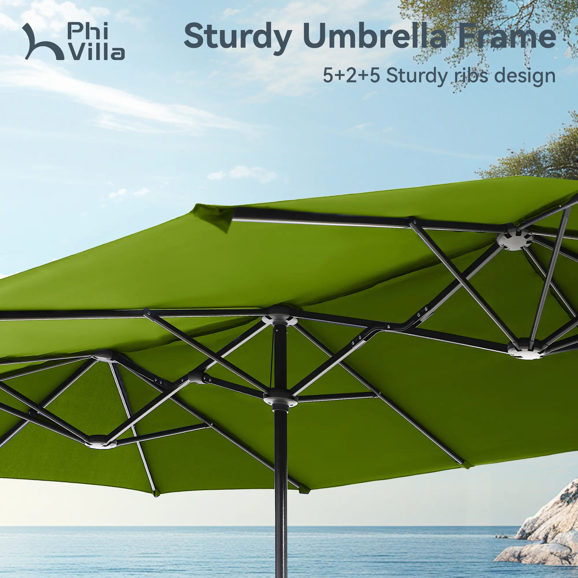 Sombrilla Solar para Patio de 15/13 pies con Base — Sombrilla Doble Extra Grande para Exteriores con 36 Luces LED y Manivela, Ideal para Jardín, Terraza, Piscina y Patio