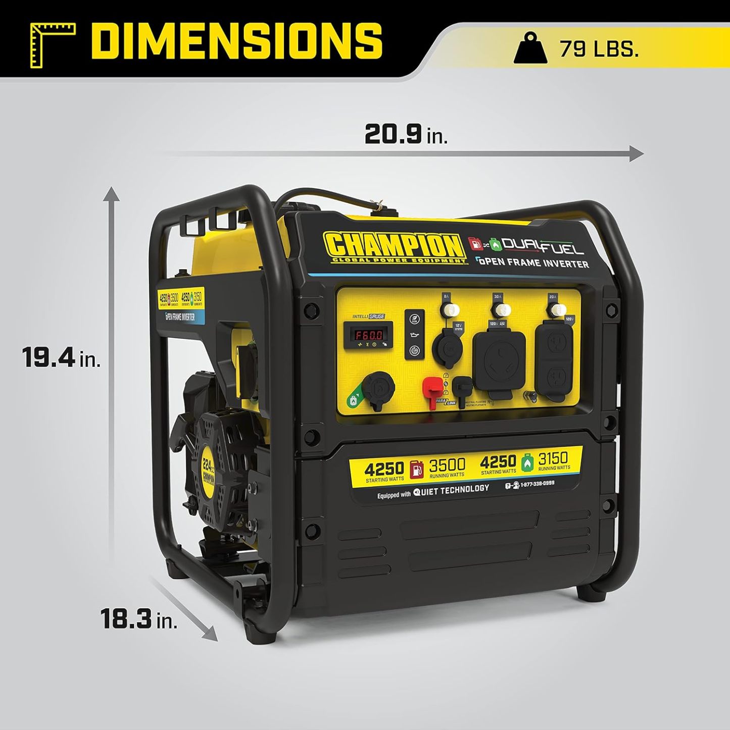 Champion Power Equipment 4250 W Dual Fuel RV Ready Portable Open Frame Inverter Generador con tecnología silenciosa
