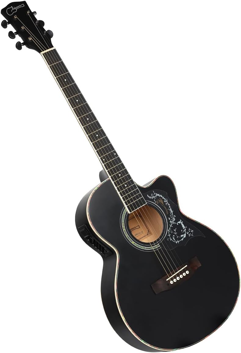 Kit de guitarra eléctrica acústica de 39 pulgadas con ecualizador de 4 bandas con estuche, juego de cuerdas, capo, paño de limpieza, afinador, púas, correa para el hombro y cable (Black)