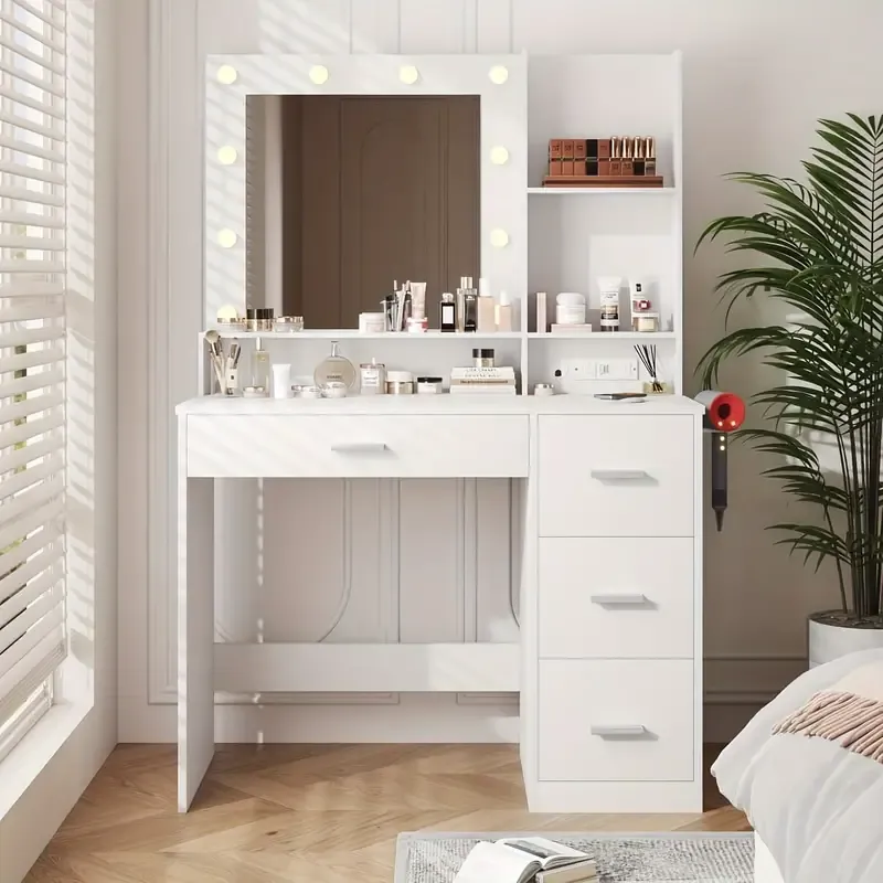 Tocador con luces y espejo, mesa de maquillaje con cajón y toma de corriente