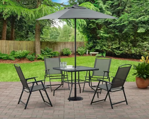 Mesa/sillas De Jardin, Vidrio Templado Con Sombrilla, Beige