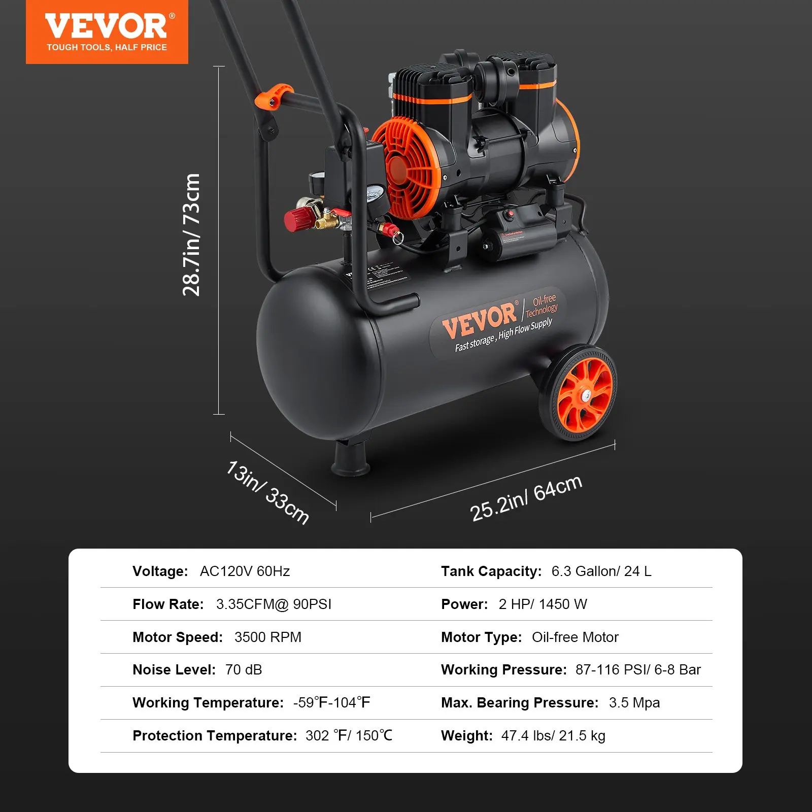 Compresor de aire VEVOR de 13 galones, 2 HP, 4.6 SCFM a 90 PSI, sin aceite, ultra silencioso (66 dB) para inflado de neumáticos, reparación de automóviles, clavado en carpintería y pintura con pistola (presión máx. de 125 PSI)