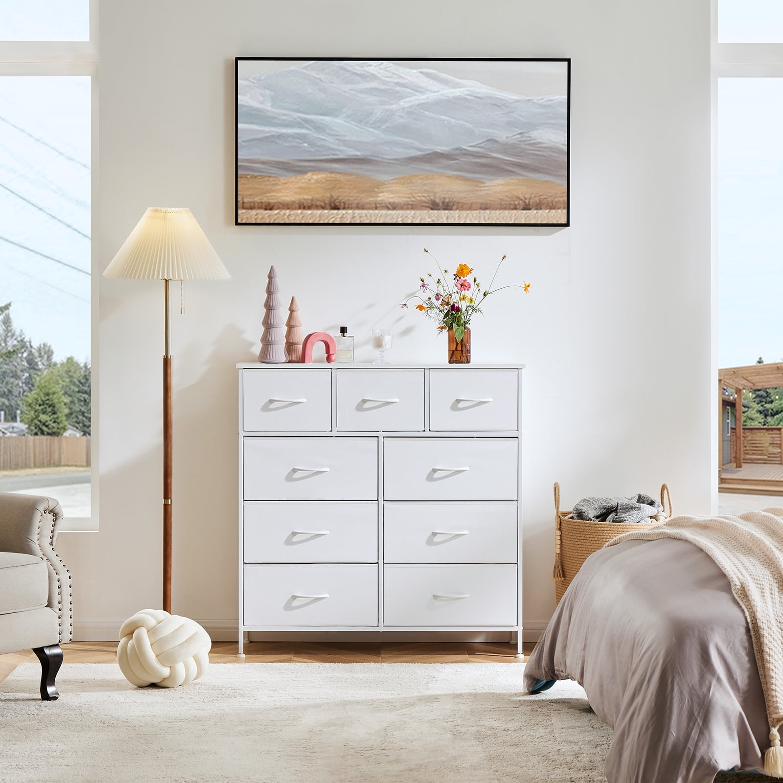 Yanming Cómoda de Tela con 9 cajones, Estructura de Acero y Tapa de Madera para Dormitorio, Armario, Entrada