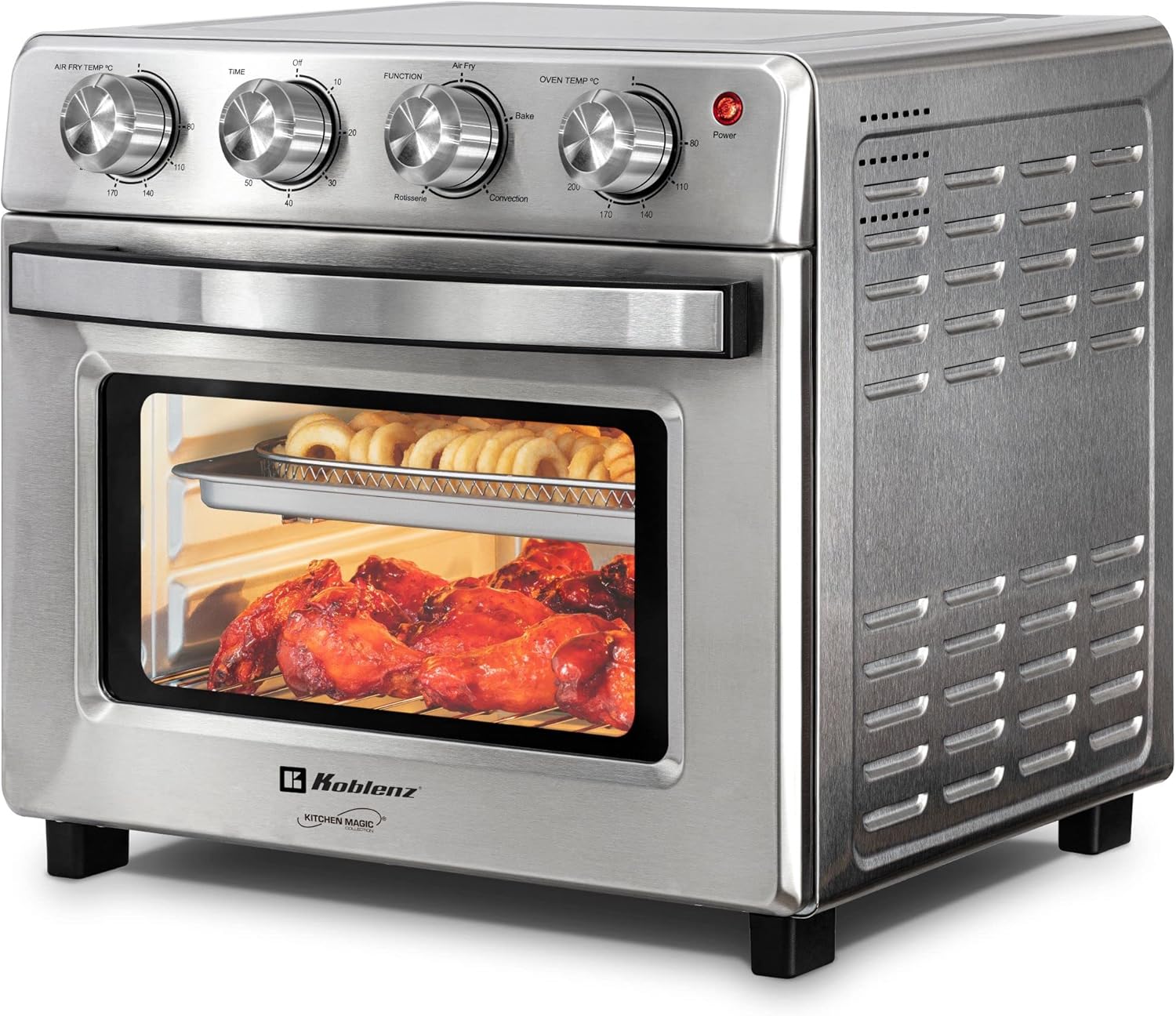 Horno Freidora de Aire Koblenz de 25 Litros, 7 en 1 Fríe sin Aceite, Asa, Gratina, Dora, Tuesta, Calienta, Rostiza, 7 accesorios, 1400 W, Control con Perilla, acero inoxidable (HFKM-1400 IN)