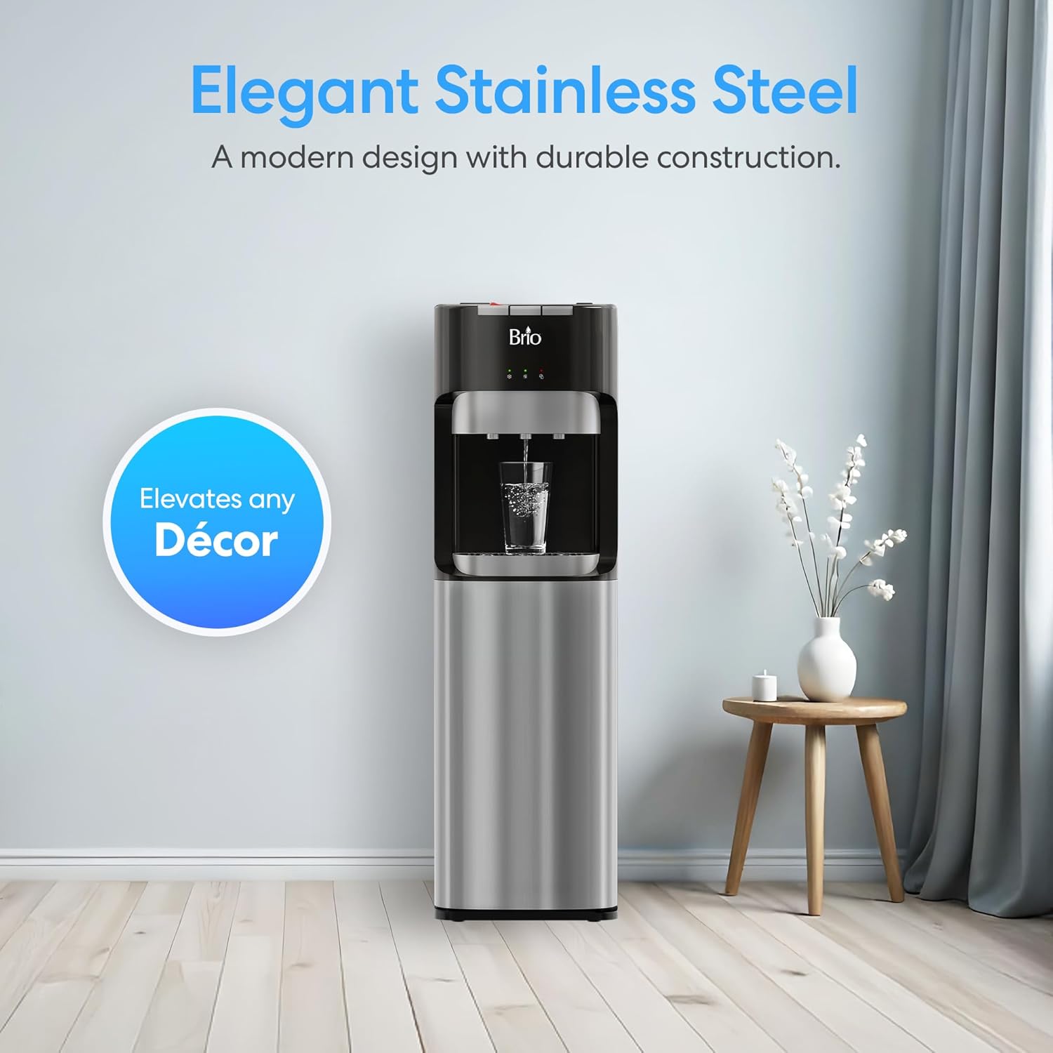 Brio Dispensador de enfriador de agua de carga inferior para botellas de 5 galones, 3 temperaturas con boquillas calientes, habitación y frías, bloqueo de seguridad infantil, visualización LED con alerta de botella vacía, acero inoxidable