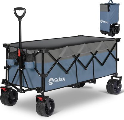 Sekey Carro plegable plegable de 48 pulgadas de largo con capacidad de peso de 420 libras, carro de jardín plegable de 300 litros de servicio pesado con ruedas de playa grandes todo terreno y soportes