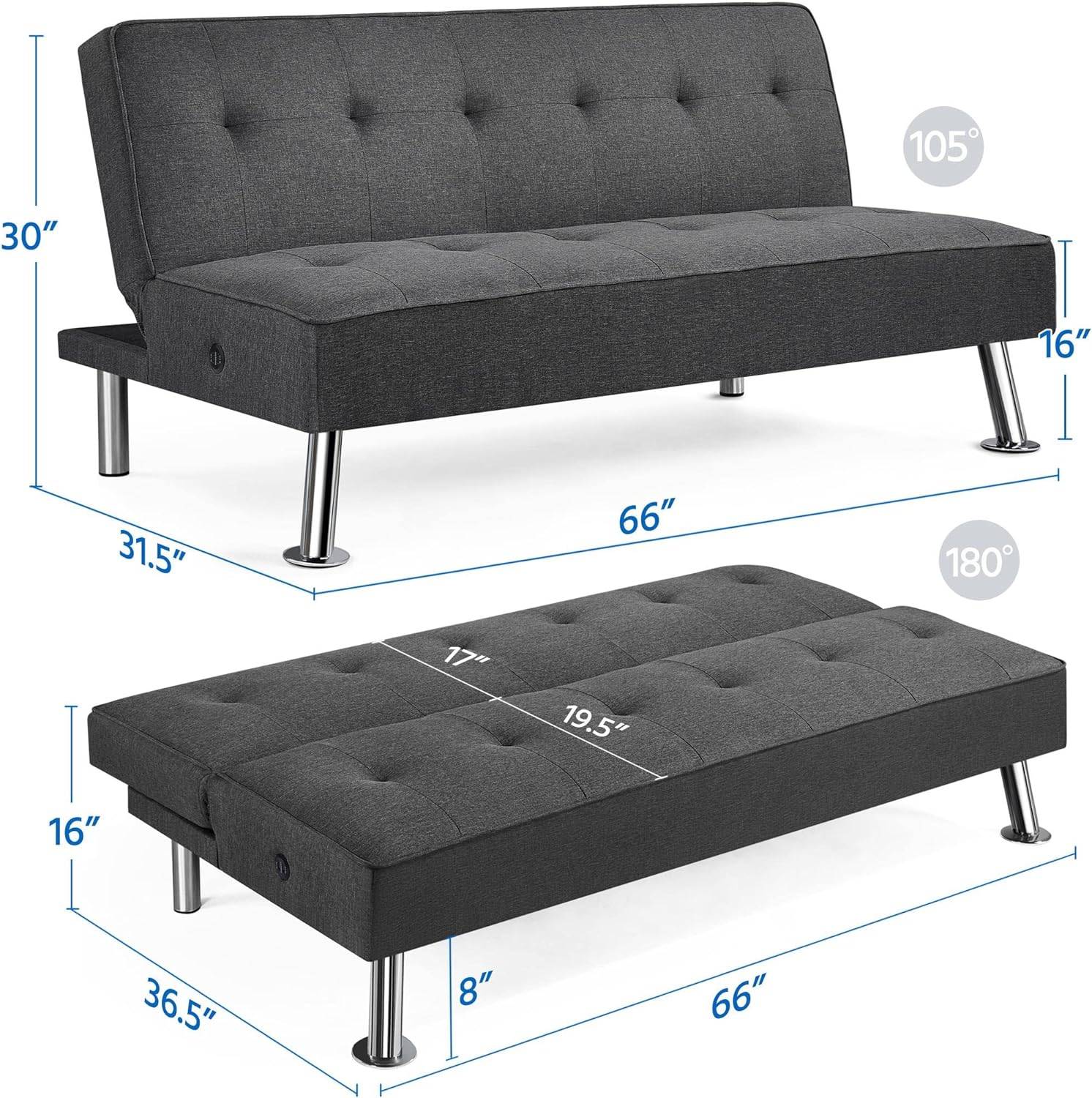 Yaheetech - Sofá Cama Convertible Moderno con 2 Puertos de Carga USB Integrados de Tela, Patas de Metal, 3 ángulos Ajustables para una Vida compacta, Departamento, recámara, habitación Extra Gris