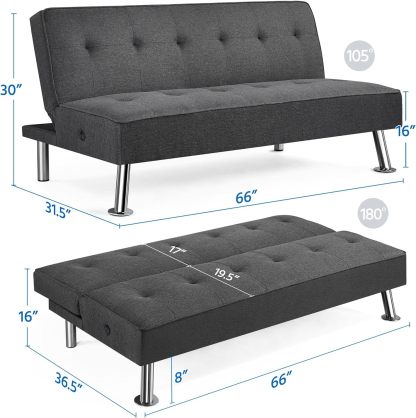 Yaheetech - Sofá Cama Convertible Moderno con 2 Puertos de Carga USB Integrados de Tela, Patas de Metal, 3 ángulos Ajustables para una Vida compacta, Departamento, recámara, habitación Extra Gris
