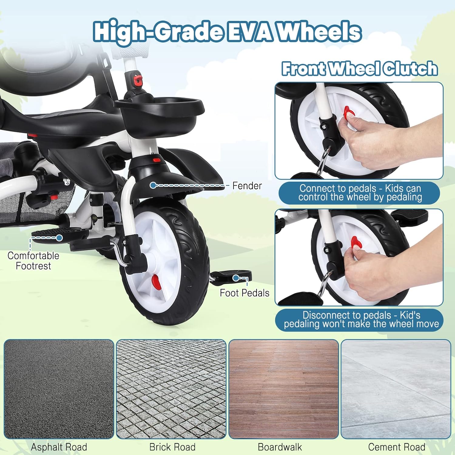 Babevy - Triciclo para bebé, 7 en 1, Plegable con Mango de Empuje Ajustable extraíble, toldo, Asiento Giratorio, arnés de Seguridad, portavasos y Almacenamiento, Triciclo para niños de 1 a 5 años