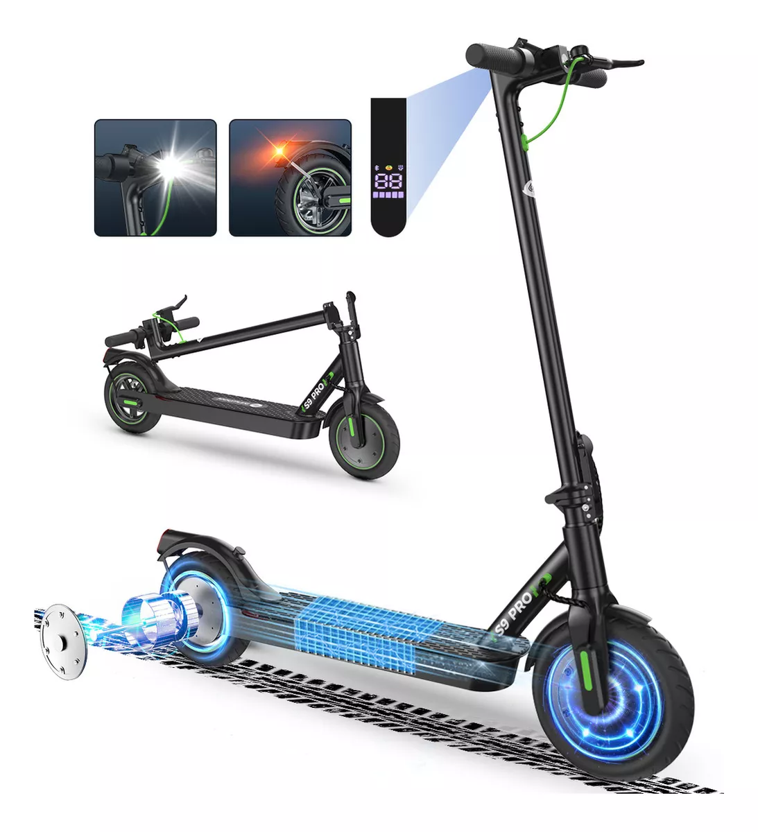 Scooter eléctrico iscooter S9PRO 800W 30 Km/h 7.8 Ah plegable con led negro
