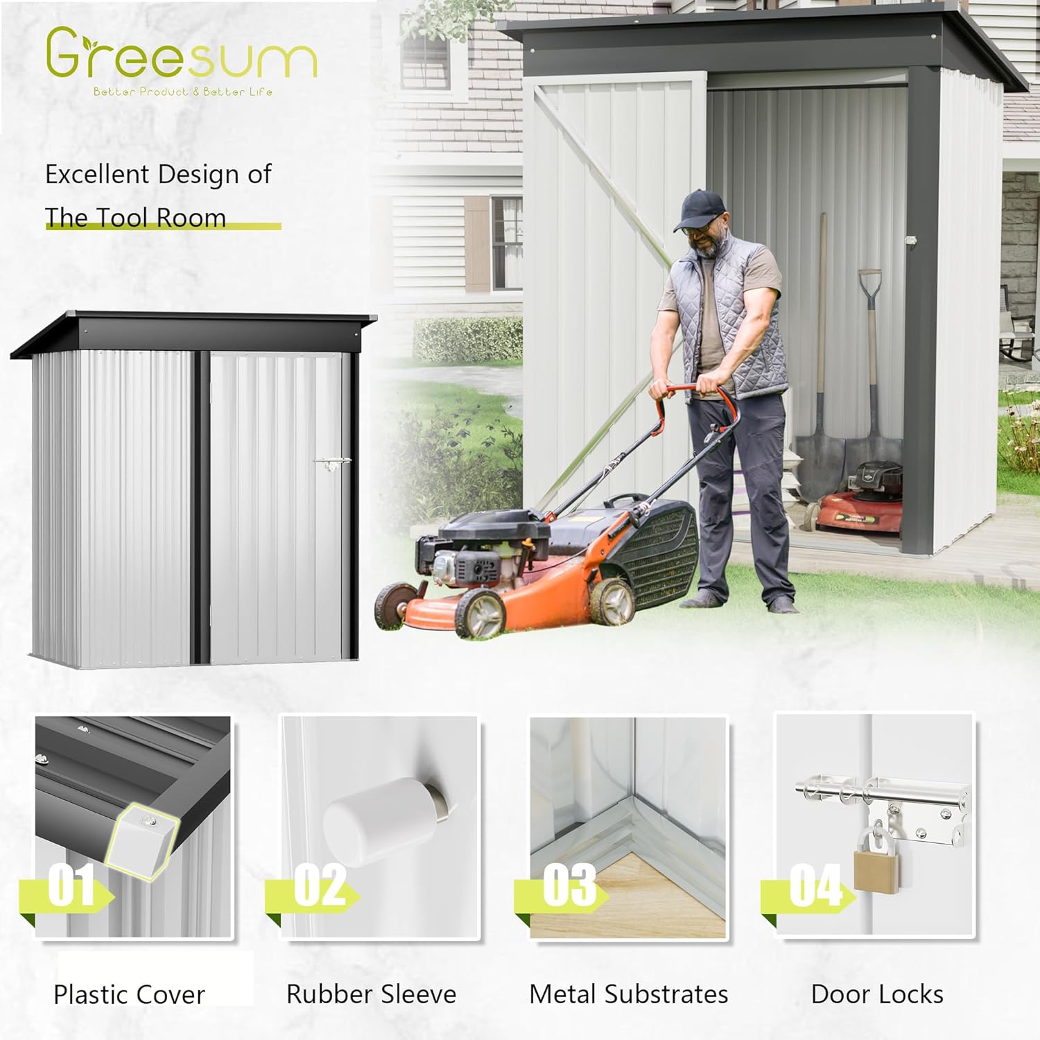 Greesum - Cobertizo de almacenamiento de metal para exteriores, 5 pies x 3 pies, herramienta de acero para cobertizo de almacenamiento con puerta y cerradura, para patio trasero, jardín, patio, césped (5 x 3 pulgadas), color café