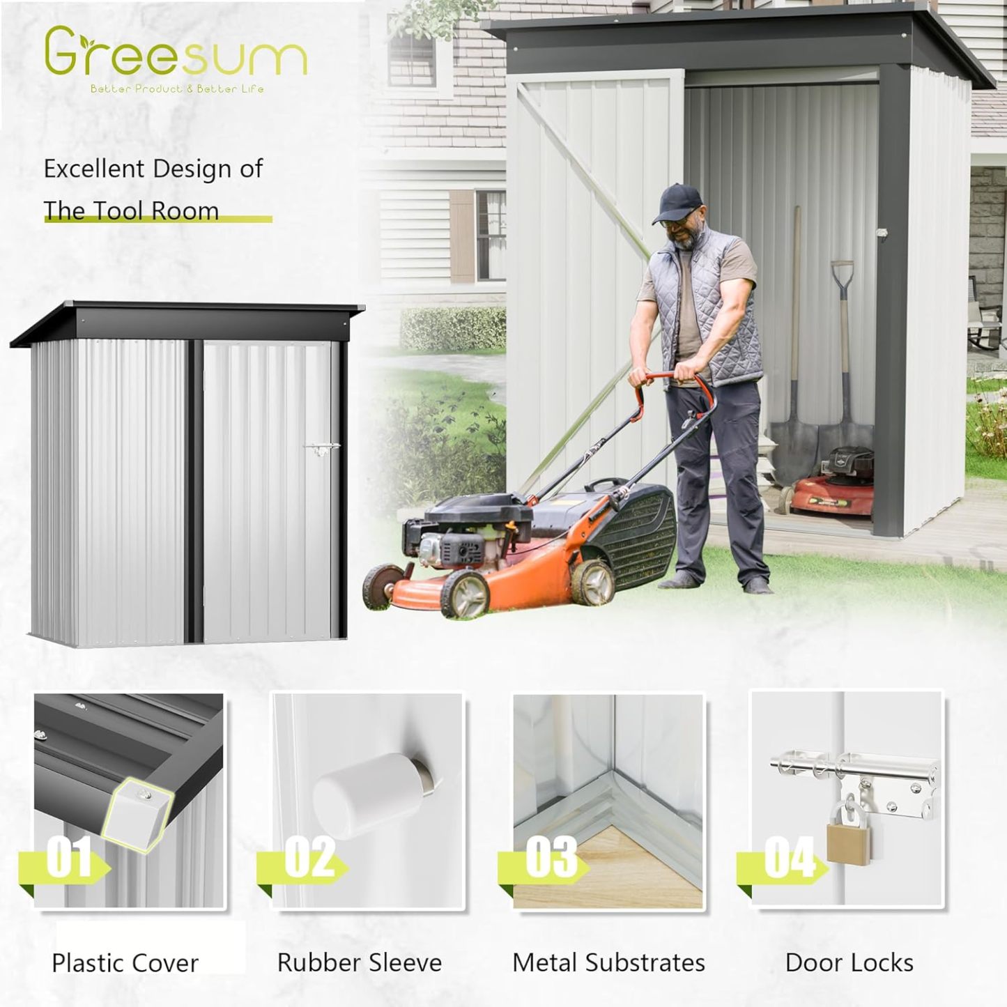 Greesum - Cobertizo de almacenamiento de metal para exteriores, 5 pies x 3 pies, herramienta de acero para cobertizo de almacenamiento con puerta y cerradura, para patio trasero, jardín, patio, césped (5 x 3 pulgadas), color café