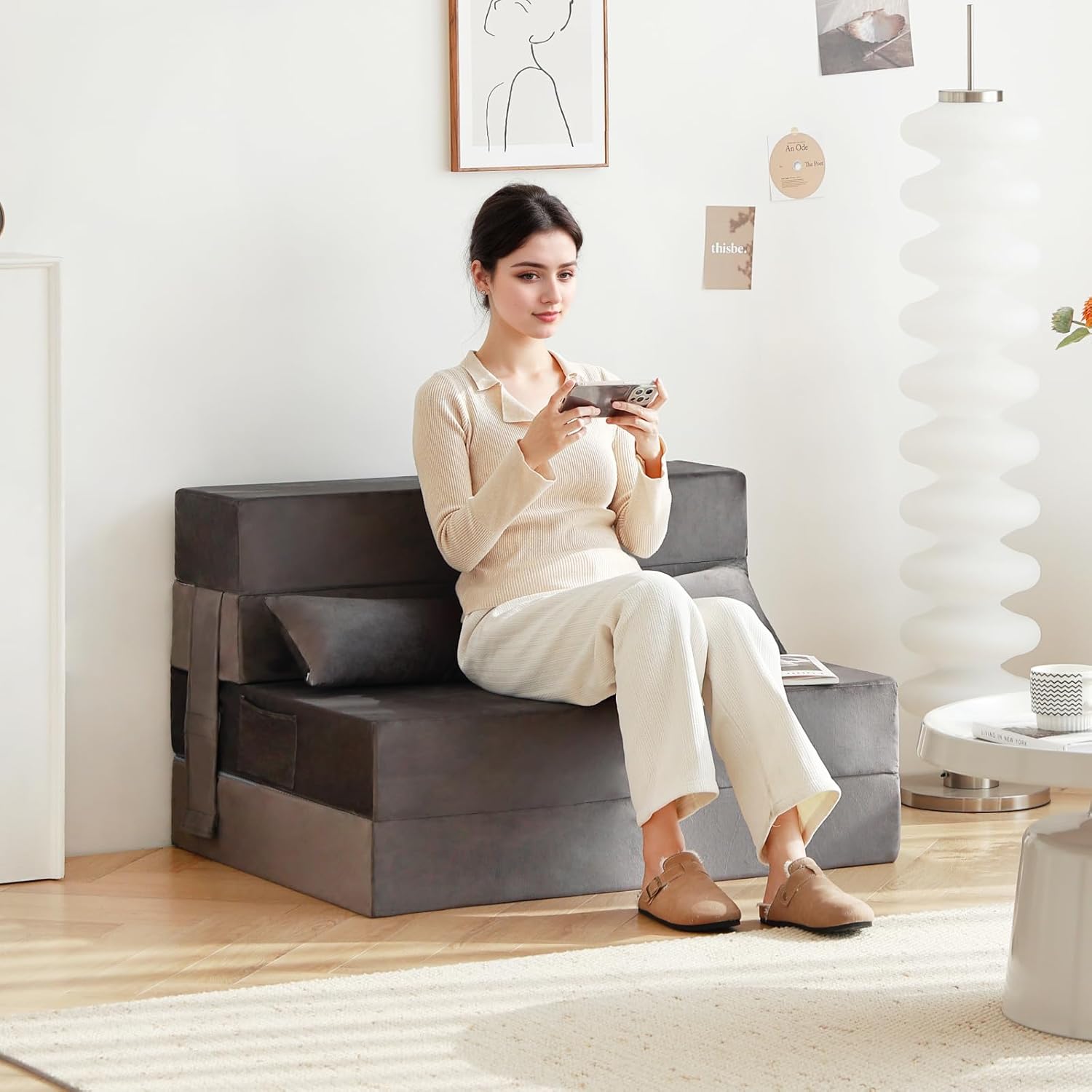 Tiita - Sillón de futón, tamaño individual, sofá cama plegable con almohada, colchón de piso y futón para sala de estar, recámara, uso de invitados, departamento
