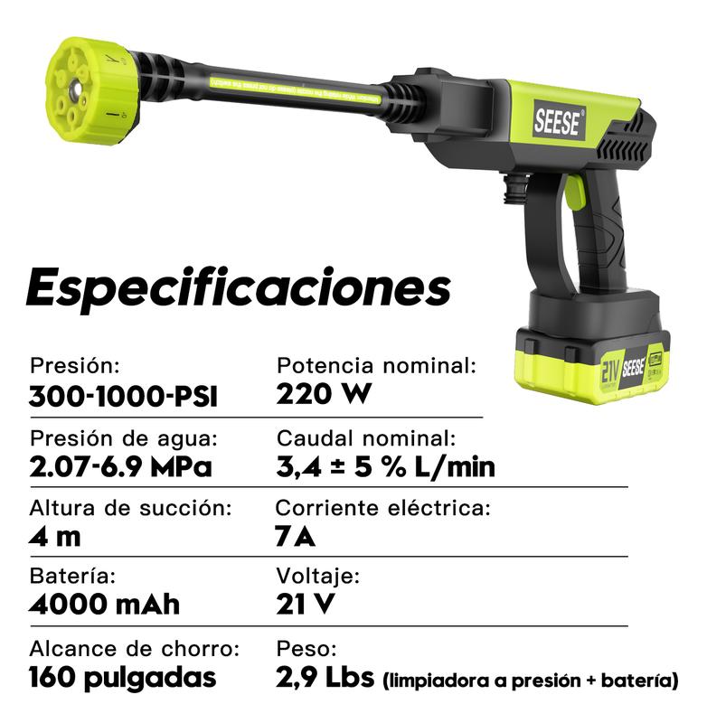 SEESE Hidrolavadora Inalámbrica 21V Portátil De Alta Presión Con Batería Recargable Para Lavar Autos Jardín Hogar, ideal como regalo festivo.
