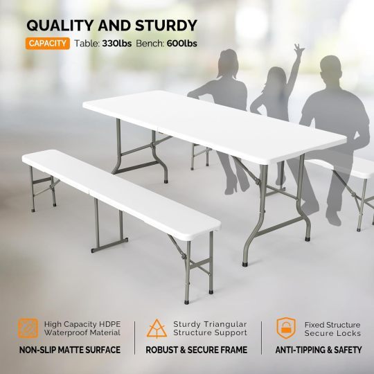 Juego de mesa de picnic con 2 bancos, juego de sillas de mesa de camping de 6 pies, muebles plegables de 3 piezas para uso interior o exterior