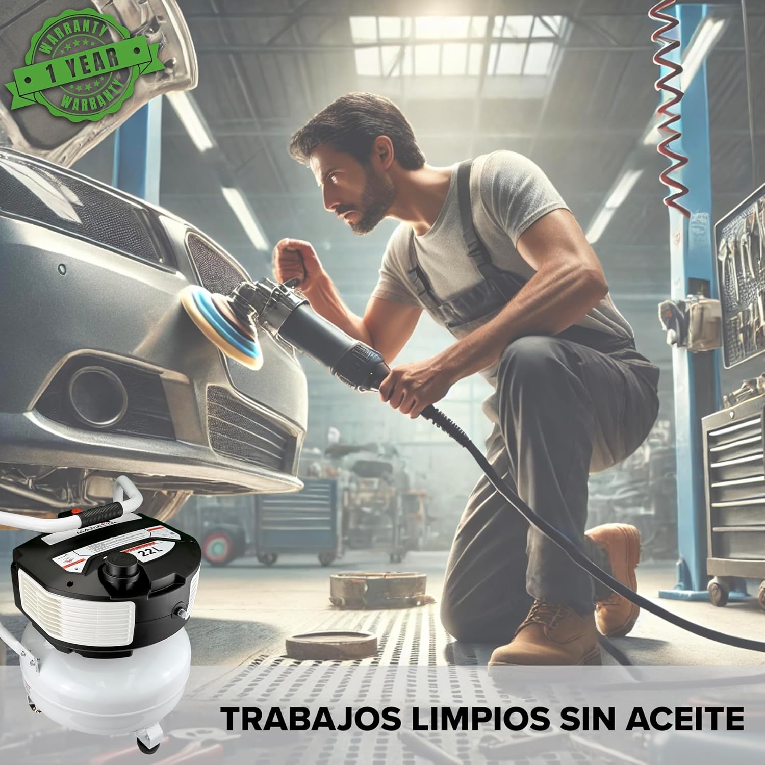 MARIETTA Compresor de Aire Libre de Aceite 1.5HP 22L Robusto con Kit de Accesorios y Manguera de 5 metros.