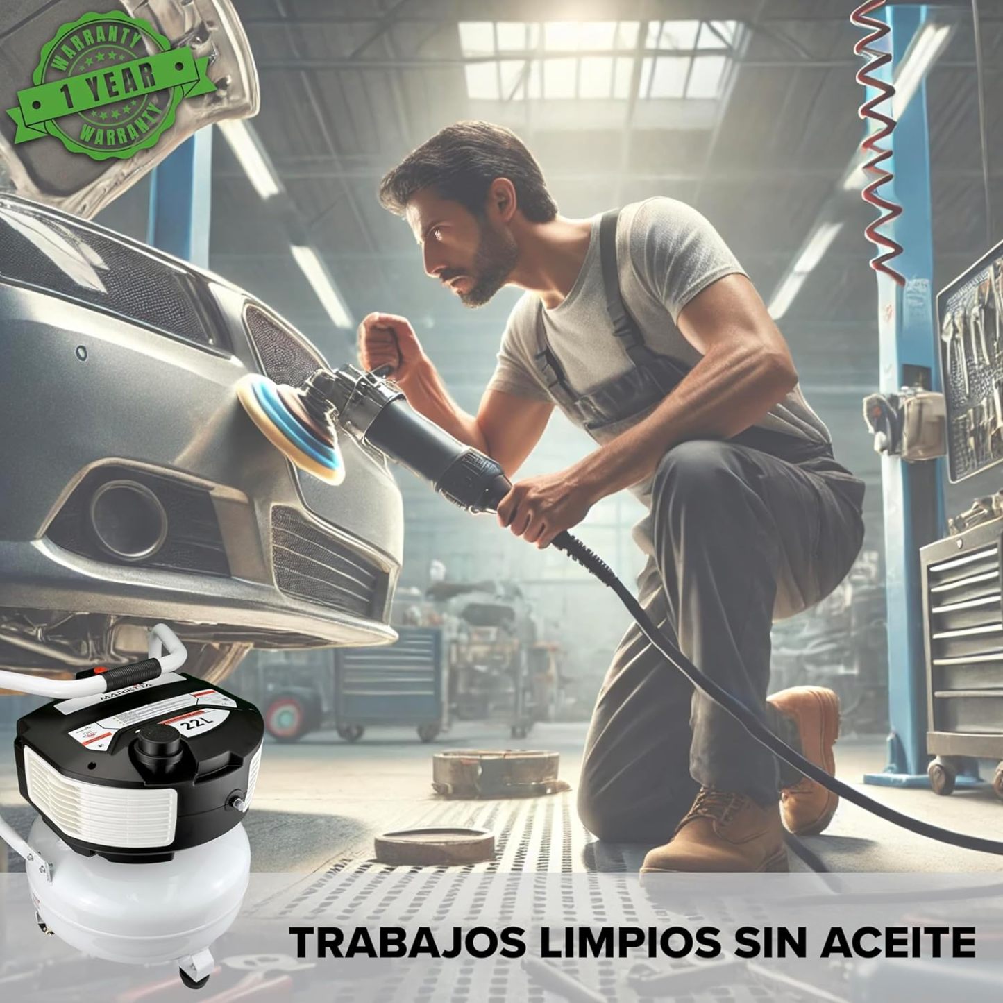 MARIETTA Compresor de Aire Libre de Aceite 1.5HP 22L Robusto con Kit de Accesorios y Manguera de 5 metros.