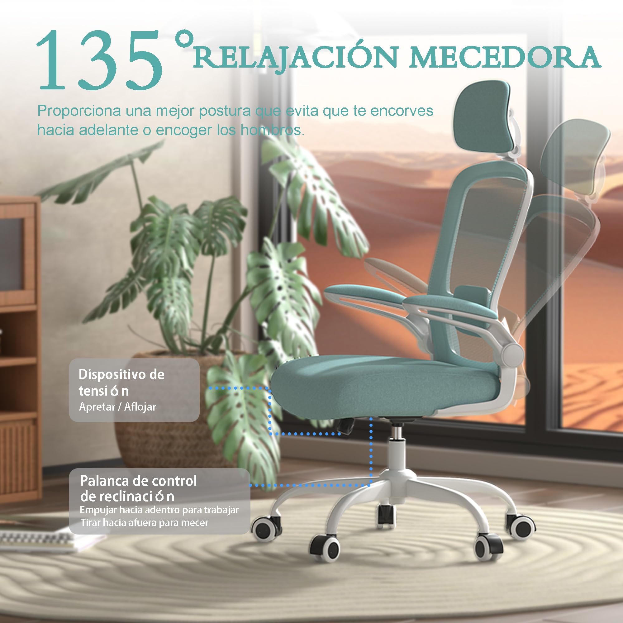 Silla Ergonómica de Oficina Mimoglad con Respaldo Alto, Soporte Lumbar Ajustable, Reclinación de 90° a 135° y Malla Transpirable