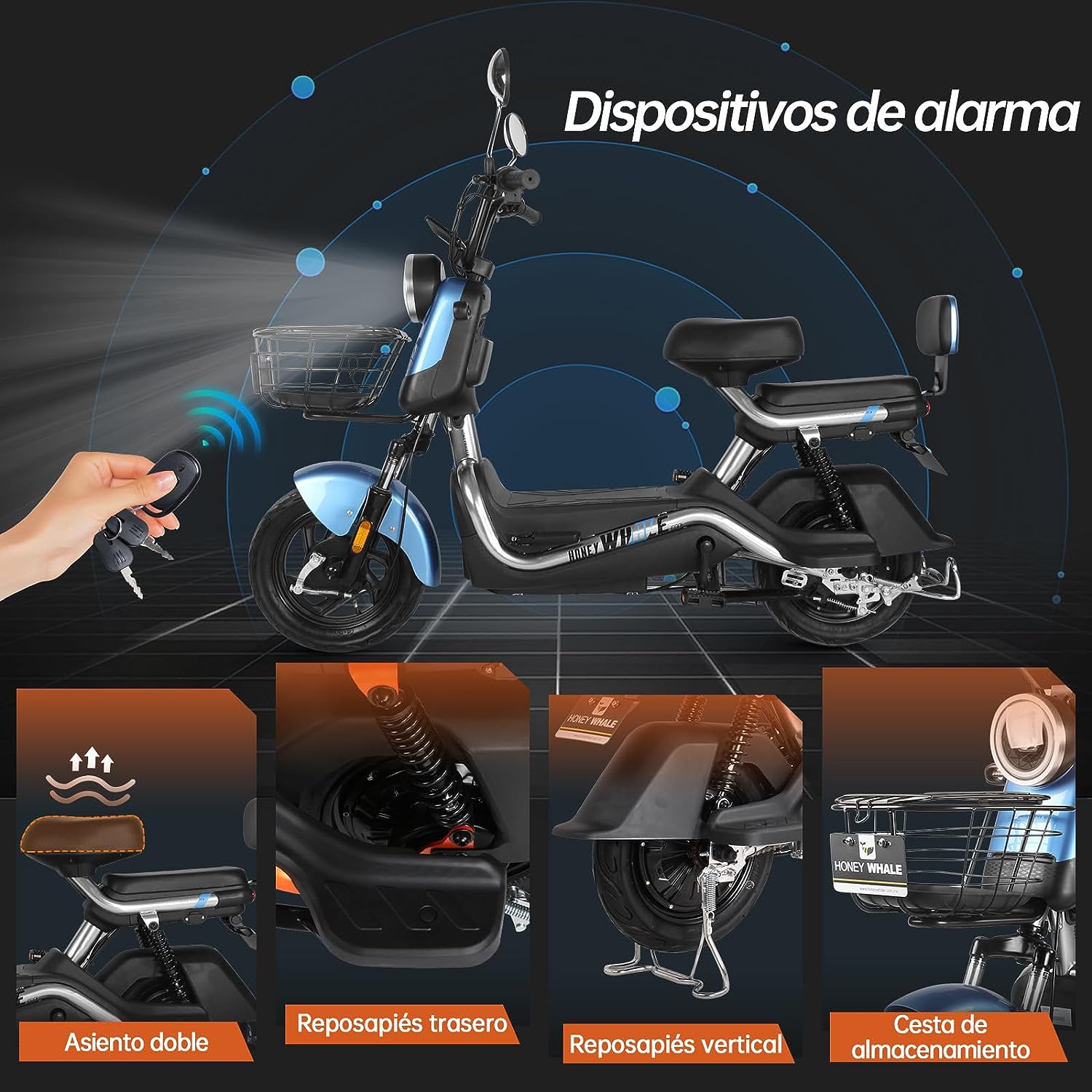 HONEYWHALE U3s Bicicleta Electrica para Adultos, Bicimoto Eléctrica con Alarma, Máxima del Motor 650W, Velocidad Máxima 31KM/H, Autonomía 55-60KM, Baterías de Gran Capacidad de 20AH, Dos Asientos