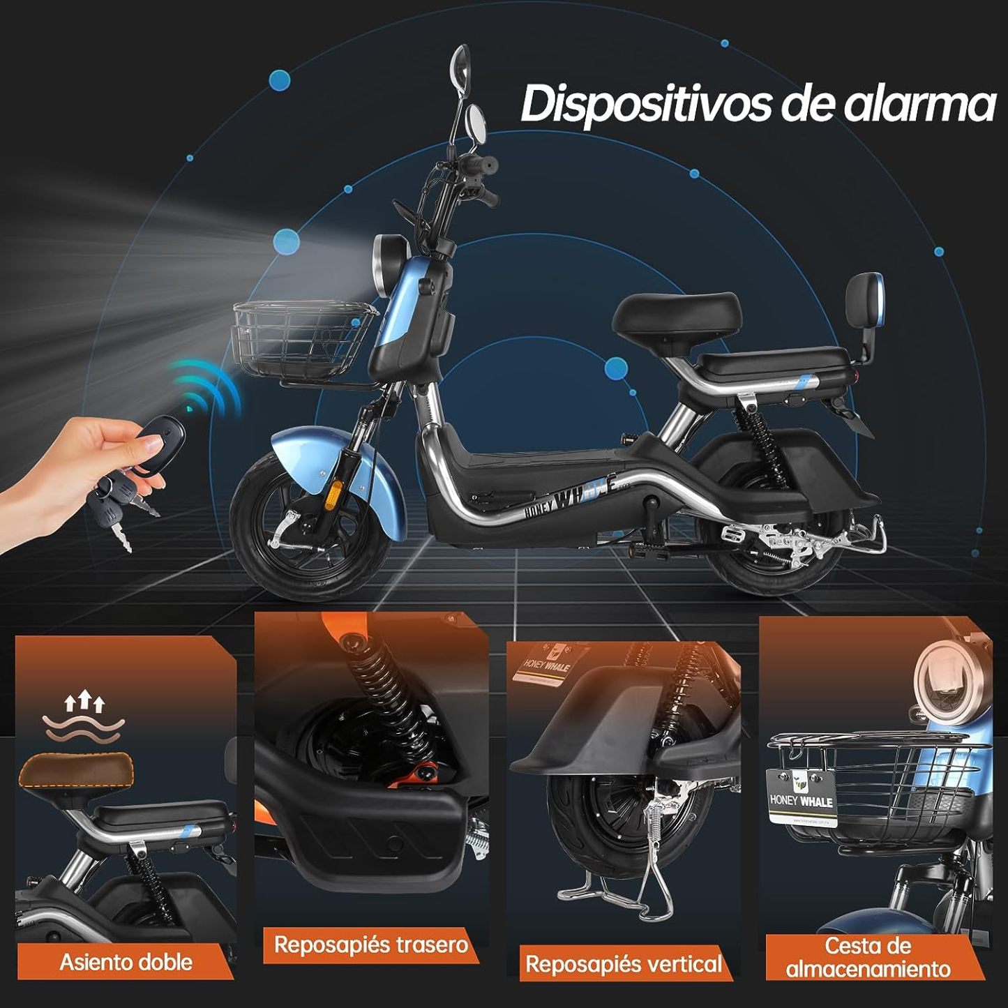 HONEYWHALE U3s Bicicleta Electrica para Adultos, Bicimoto Eléctrica con Alarma, Máxima del Motor 650W, Velocidad Máxima 31KM/H, Autonomía 55-60KM, Baterías de Gran Capacidad de 20AH, Dos Asientos